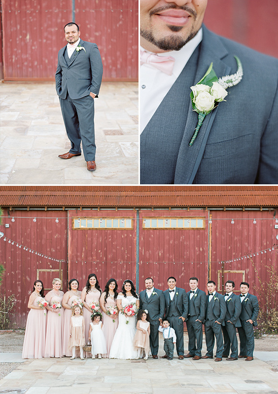 Wedding party in gray suits and blush dresses posing for photos