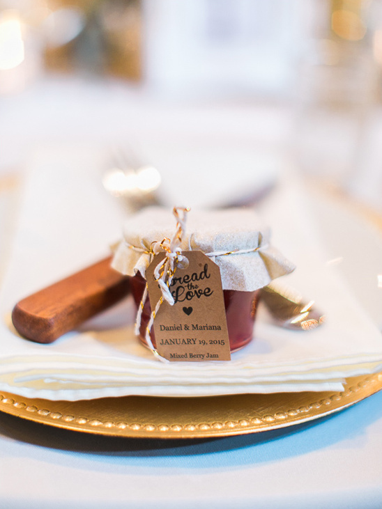 Wedding favor of mixed berry jam with Spread the Love tag