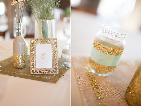 Elegant wedding table decor with gold glitter accents and floral elements