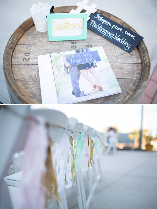 Wedding decor with guestbook and decorated chairs in soft pastel colors