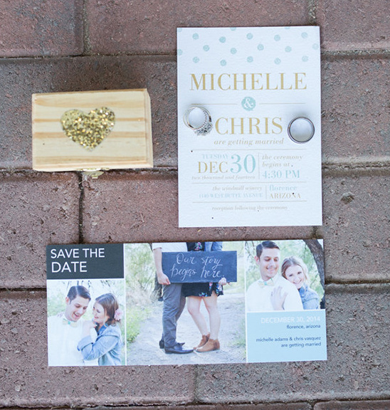 Wedding invitation with rings, date and save the date card