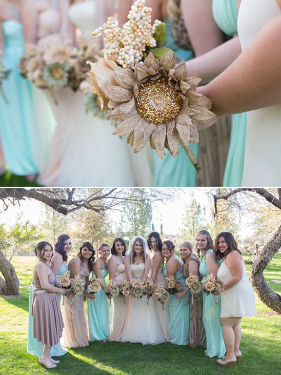 Bridesmaids in pastel dresses holding bouquets with sunflower details