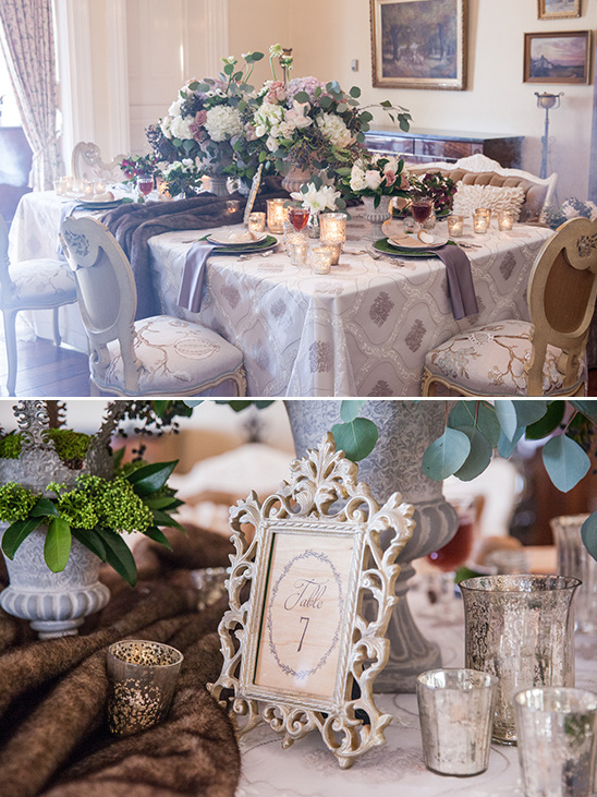 Elegant dining table set with floral centerpiece and decor