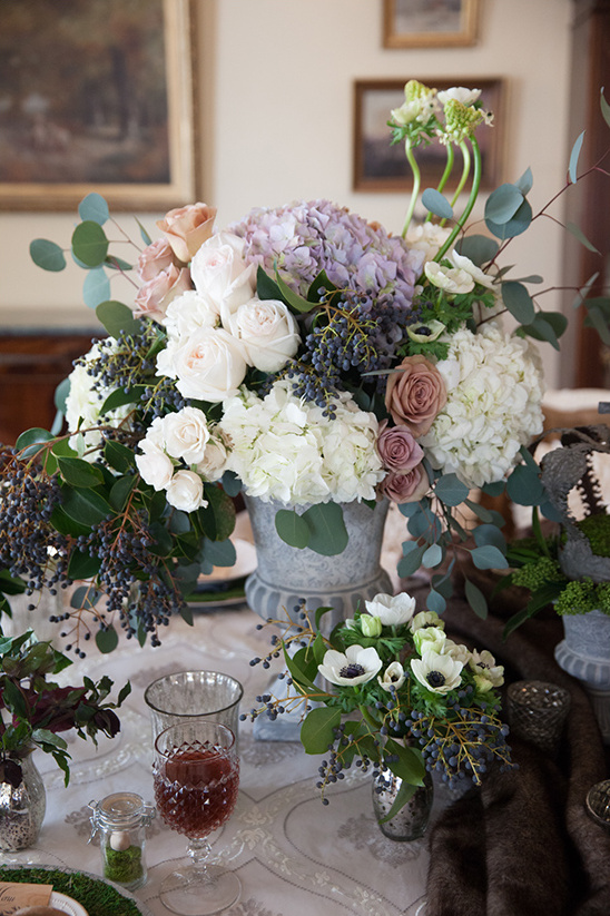 Elegant floral arrangement with hydrangeas and roses on a table