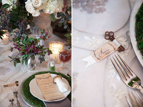 Elegant wedding table setting with flowers, key place card and menu