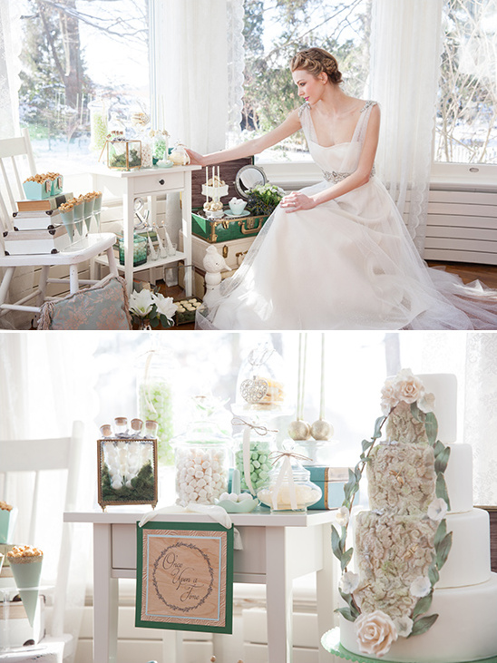 Elegant bride with wedding cake and decor in bright room