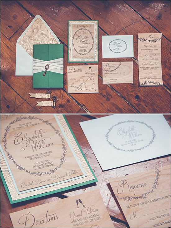 Elegant wedding invitation suite with wood and green accents
