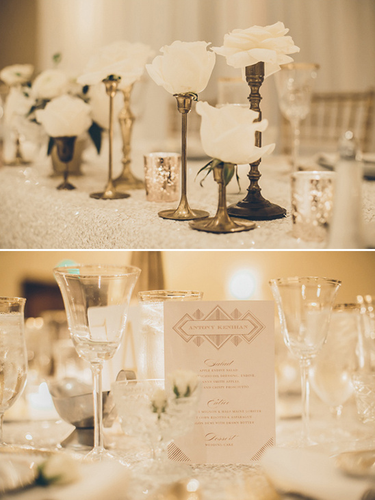 white rose centerpieces and art deco menu @weddingchicks