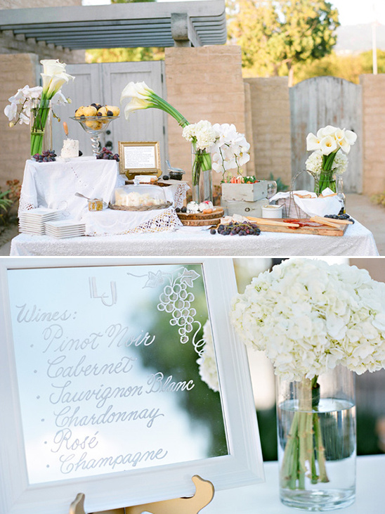elegant wedding food display and wine list @weddingchicks