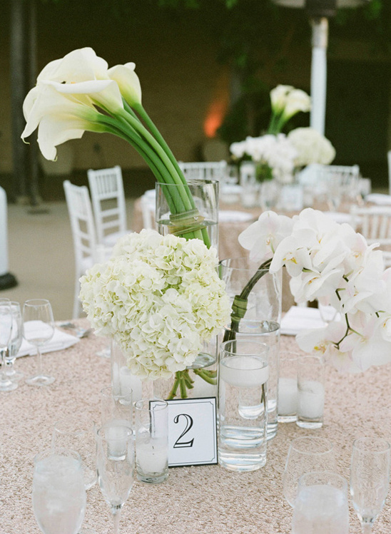 modern lily orchid and hydrangea centerpiece @weddingchick