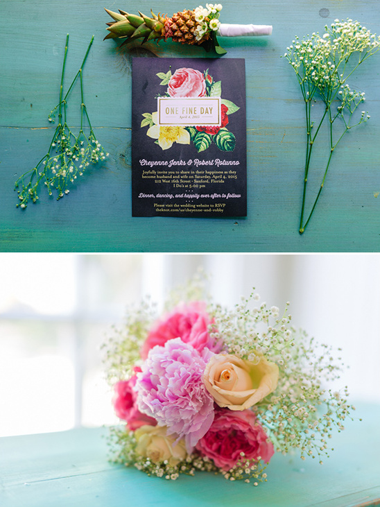 fun and bright stationery and bouquet @weddingchicks