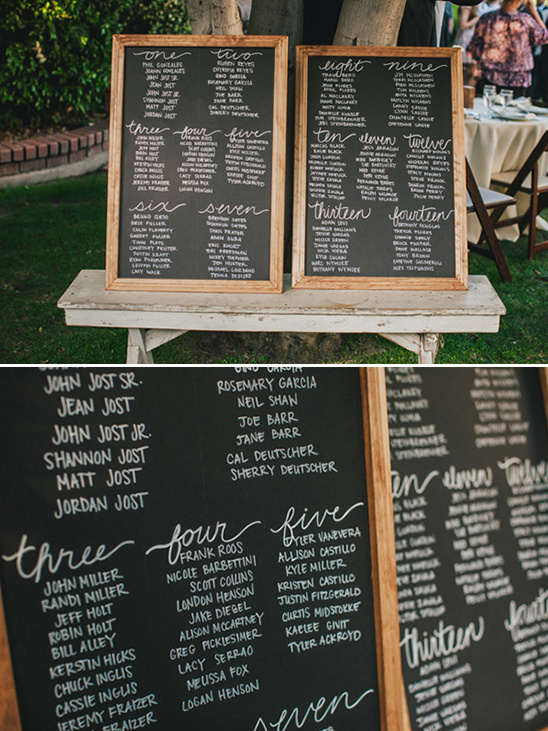 Wedding seating chart written on chalkboard with wooden frame