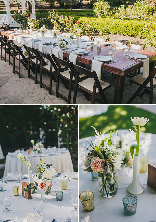 Elegant outdoor wedding reception table setting with flowers