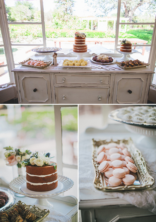 Wedding dessert table with naked cakes and macaroons