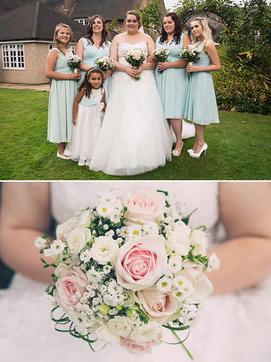 Bride with bridesmaids holding bouquets at a wedding