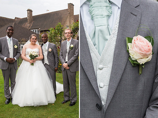Bride and groom with groomsmen at a stylish outdoor wedding