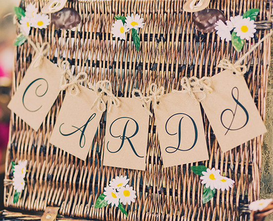 Rustic Cards banner with daisy accents on a wicker background