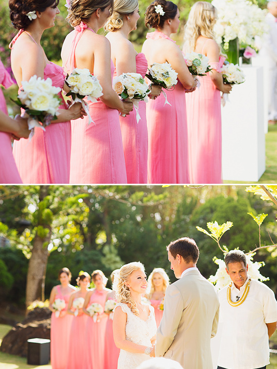 bridesmaids in pink and tropical ceremony details @weddingchicks
