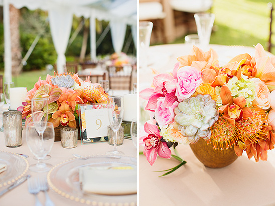 tropical pink and orange centerpiece ideas @weddingchicks