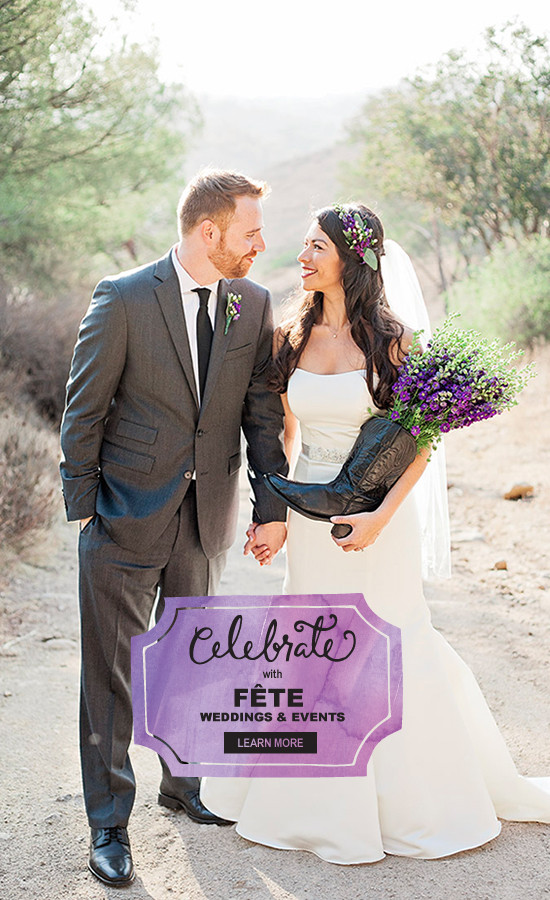 Happy couple getting married with a cowboy boot and purple flowers