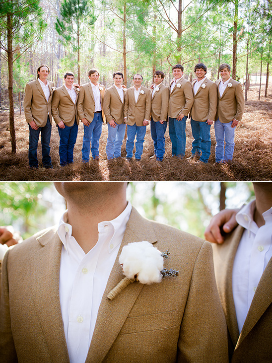 tan and denim groomsmen with cotton boutonnieres