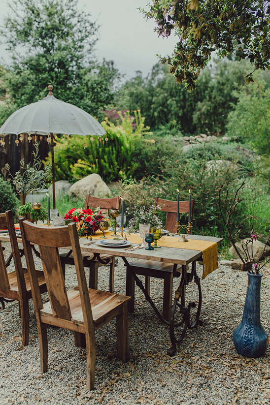 Outdoor wedding table rustic design umbrella trees