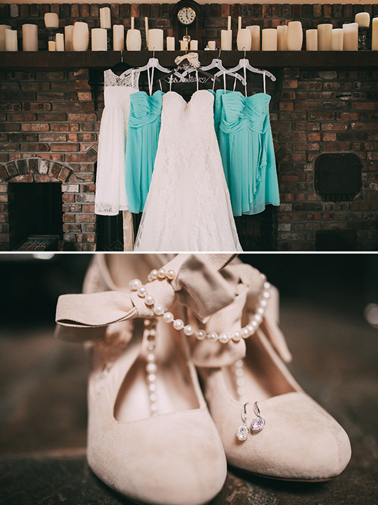 Wedding dresses and shoes displayed with elegant details