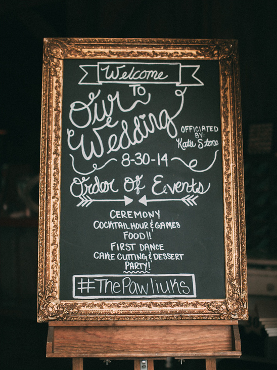 Wedding sign with details for ceremony and reception party