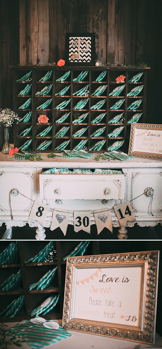 Wedding reception details with guest gifts and decor in focus