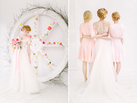 Beautiful bride and bridesmaids in a soft, romantic wedding scene