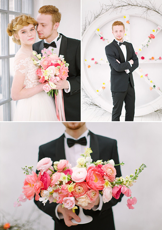 Wedding couple portrait with floral bouquet and flowers