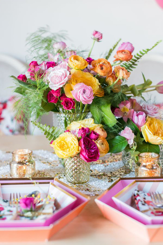 pink yellow and orange centerpiece by Presh Floral