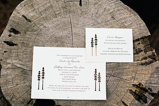 Rustic wedding invitations with pine trees and mountain theme