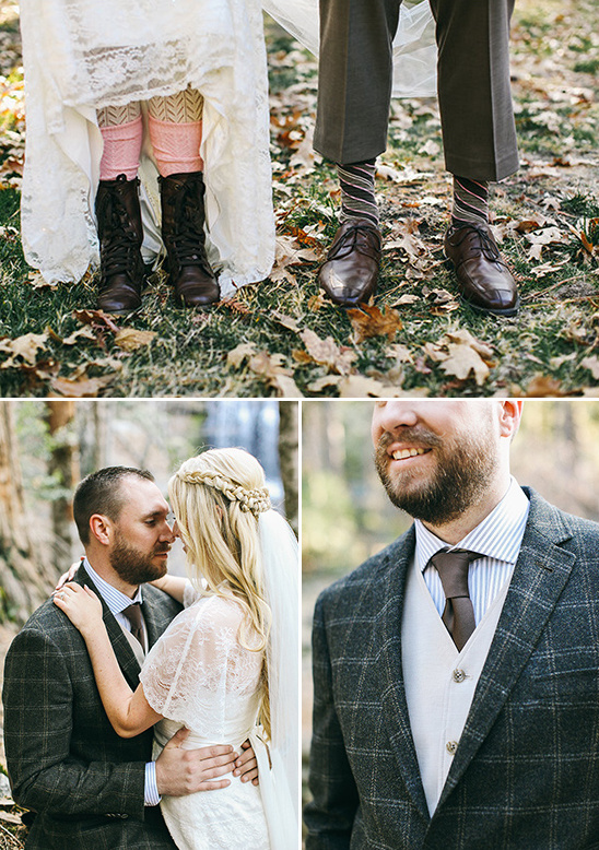 Alternative wedding details: boots, socks, couple embrace and groom portrait