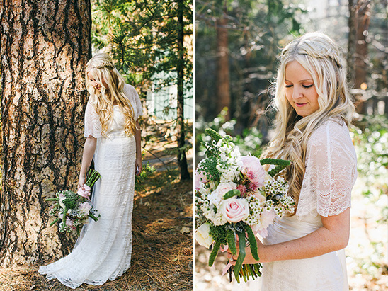 Bride in white dress with bouquet in the forest, wedding day