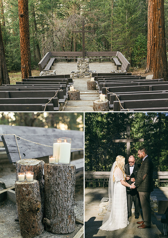 Rustic outdoor wedding ceremony in the forest with candles and a cross