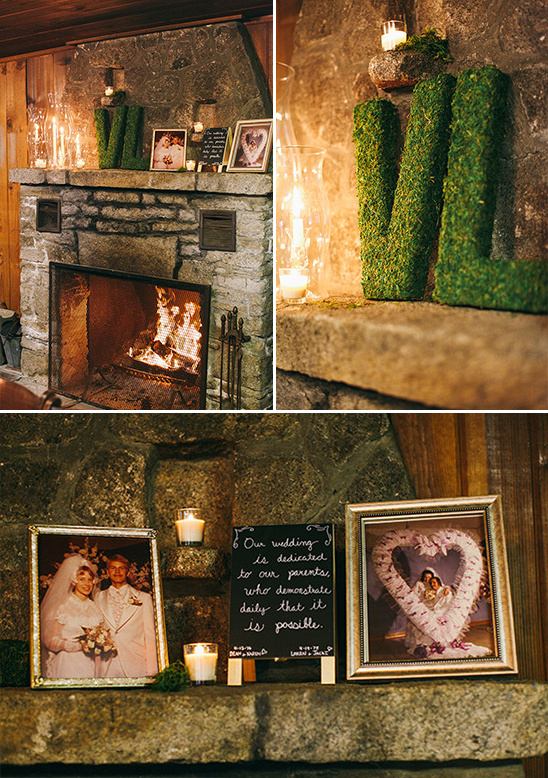 Cozy fireplace with wedding photos and LOVE letters
