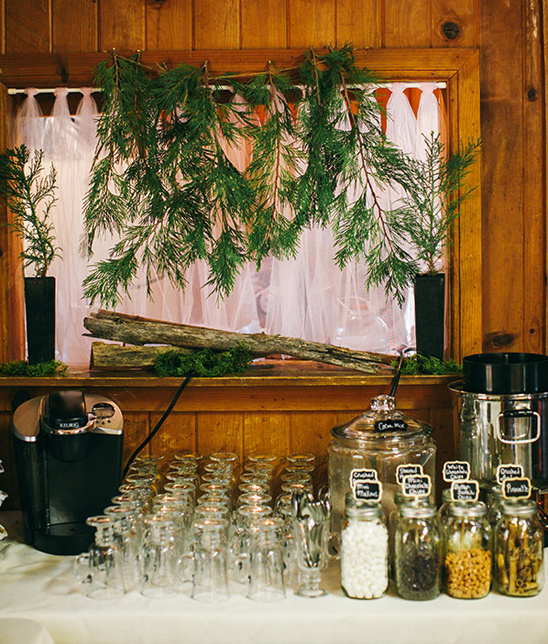 Coffee bar with rustic decorations and various flavors