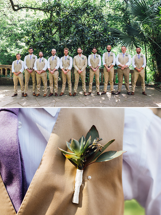 Groomsmen in tan suits with boutonnieres, ready for a wedding