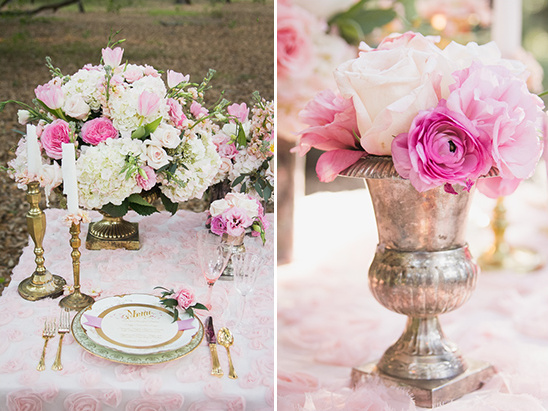 Elegant wedding table setting with pink and white floral decor