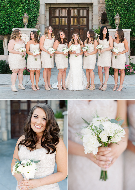 Bride with bridesmaids in lace dresses holding bouquets