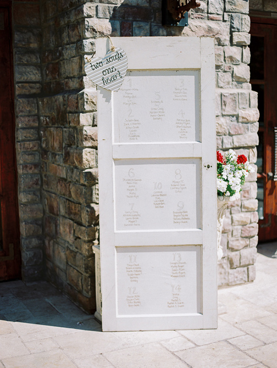 Wedding seating chart displayed on a rustic door with Two souls one heart message