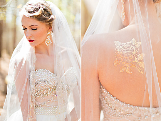 Elegant bride in a wedding dress with golden rose tattoo