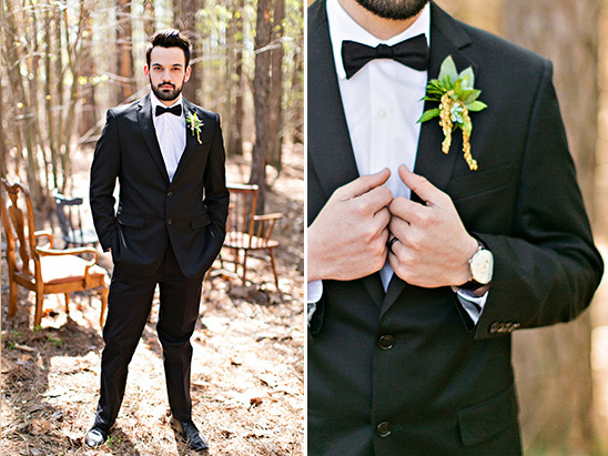 grooms black and white tux with bowtie @weddingchicks