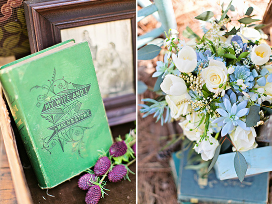 Vintage book with flowers and a wedding bouquet for inspiration