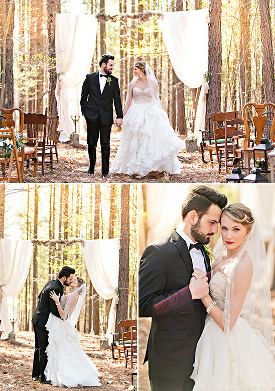 Romantic outdoor wedding ceremony in the woods with the happy couple