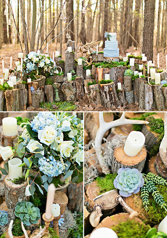 Rustic wedding table decor in the forest with cake and flowers