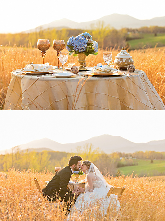 Romantic outdoor wedding with a table and loving couple