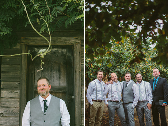 Groom and groomsmen in a rustic outdoor wedding setting