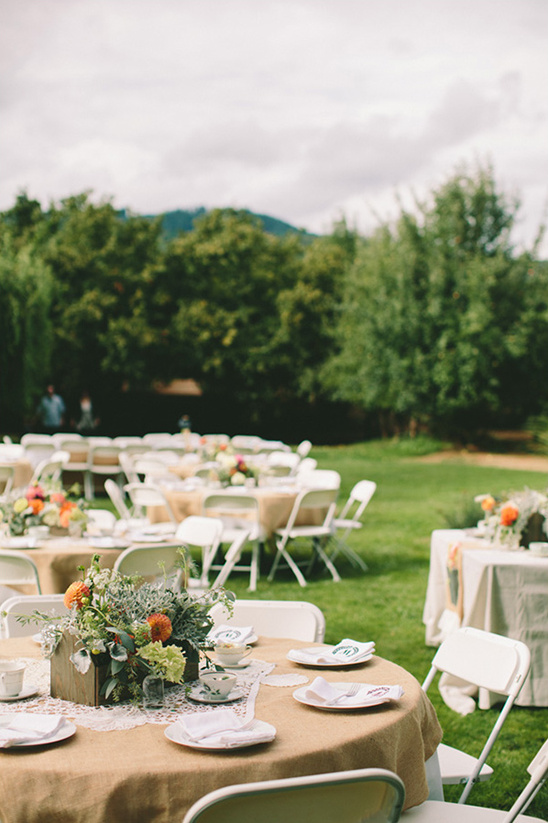 Outdoor wedding reception tables decorated with burlap and flowers